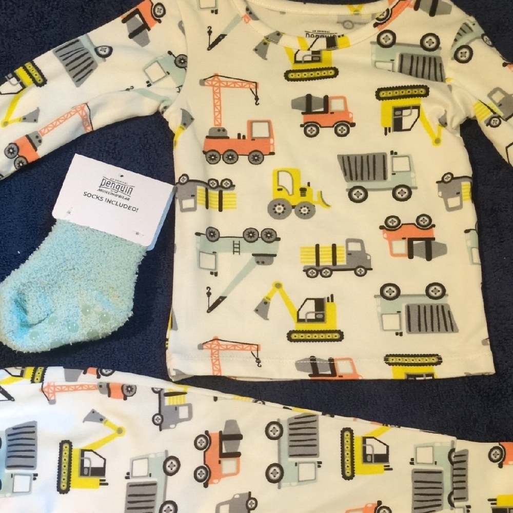 Penguin 2 PC Boys Construction Vehicle Pajama Set with Socks 18 Months